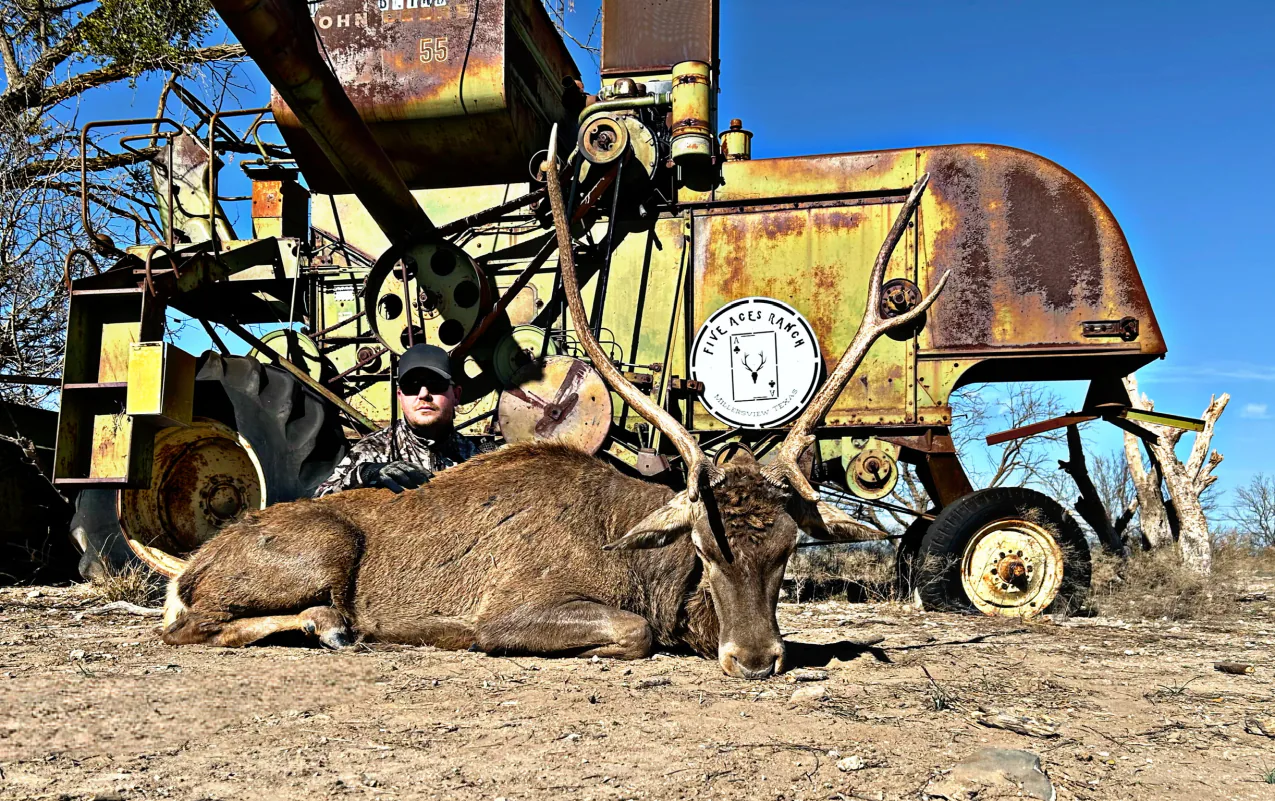Hunter with trophy blackbuck harvested at Five Aces Ranch in Millersview, TX.