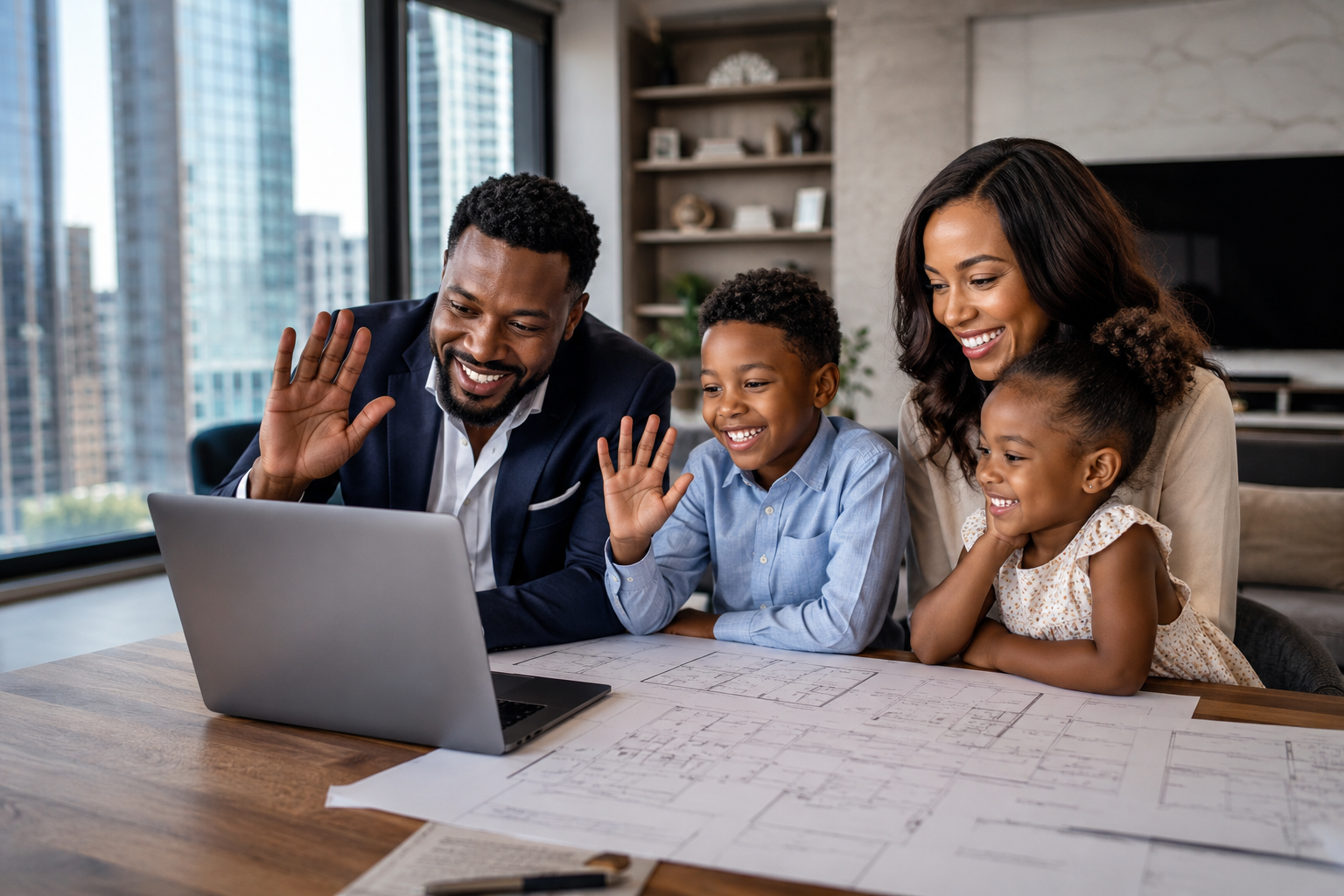 Diaspora family reviewing property plans on a video call