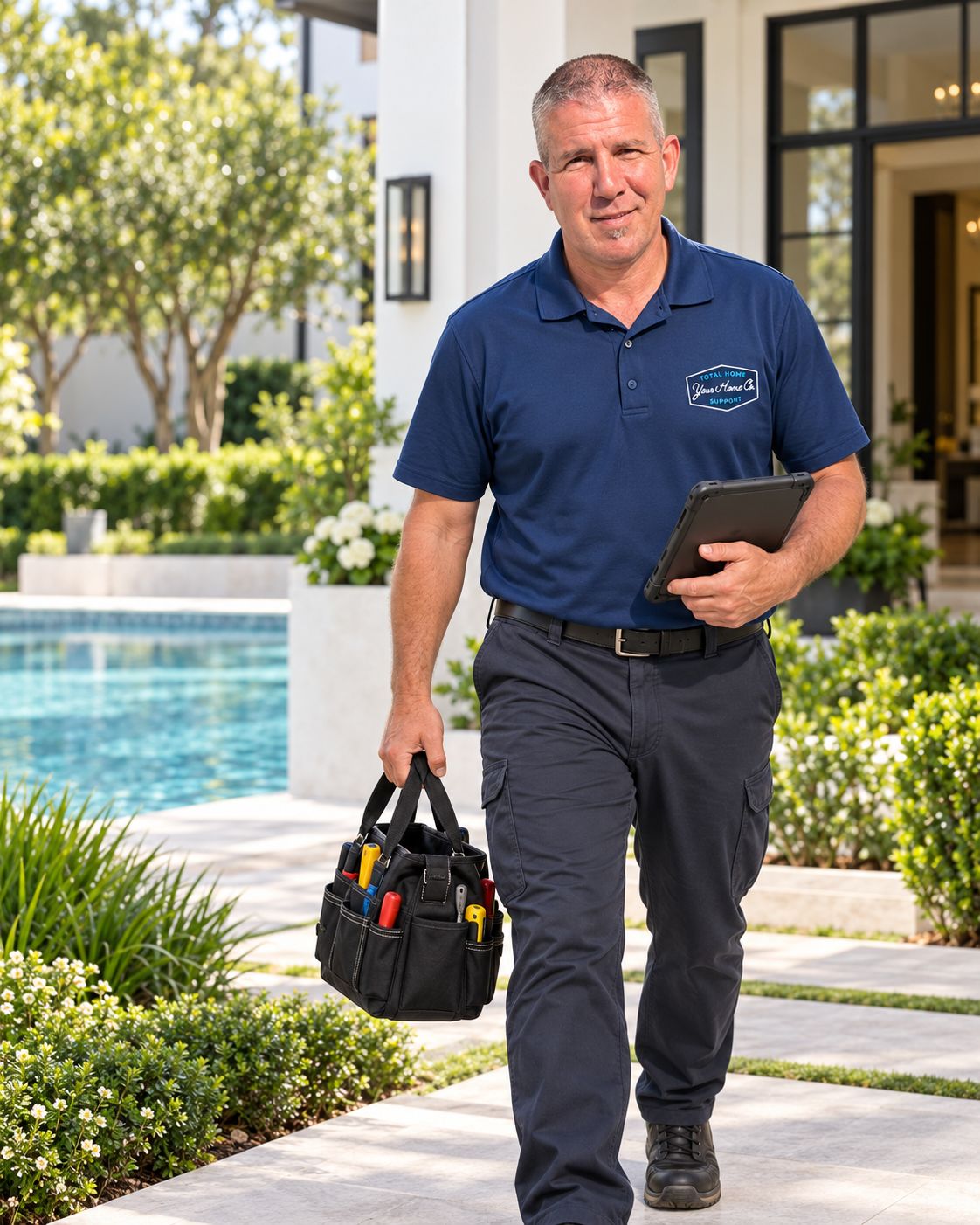 A technician in a navy polo walks along a poolside path beside a white house, carrying a tool bag and a tablet.