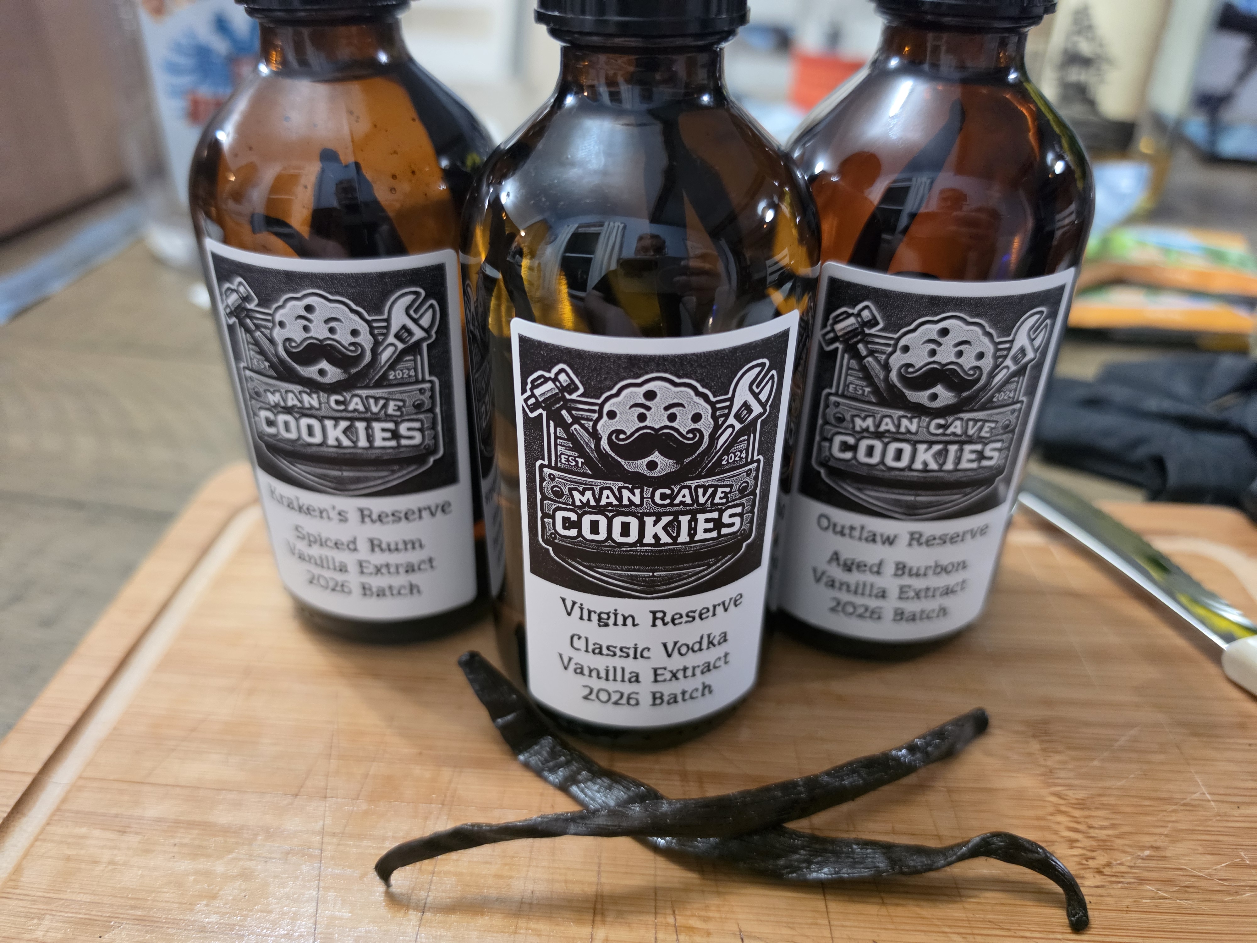 Man Cave Cookies vanilla extract &mdash; Kraken's Reserve, Virgin Reserve, Outlaw Reserve