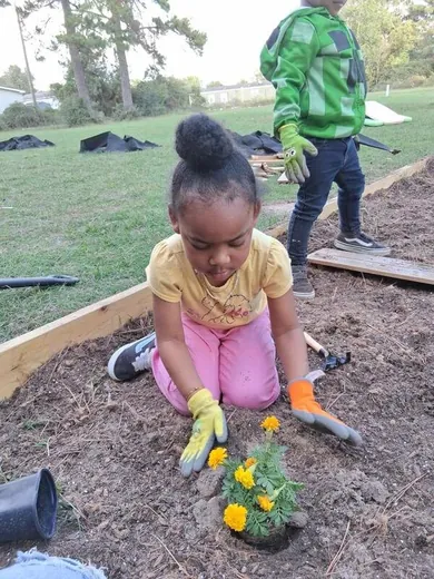 A child planting flowers in our outdoor garden