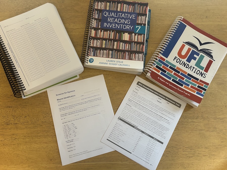 Reading intervention assessment tools including QRI-7, UFLI Foundations, and dyslexia screening materials