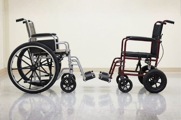 A silver manual model and a red transport model shown together to compare different wheelchair types. A silver manual model and a red transport model shown together to compare different wheelchair types.