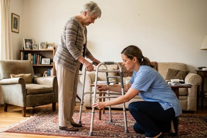 A caregiver helping an elderly individual adjust their walker to ensure safety among various mobility aids for seniors. A caregiver helping an elderly individual adjust their walker to ensure safety among various mobility aids for seniors.