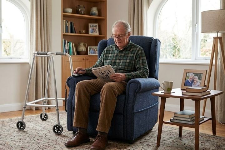An elderly man doing a crossword puzzle while sitting in Lift chairs for elderly.