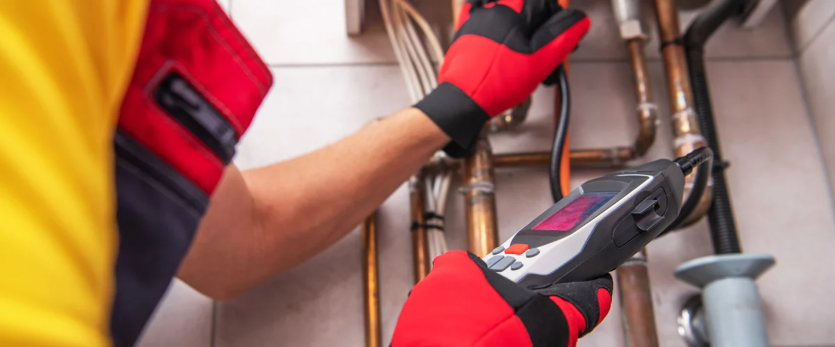 Technician inspecting pipes with thermal camera for leak detection.