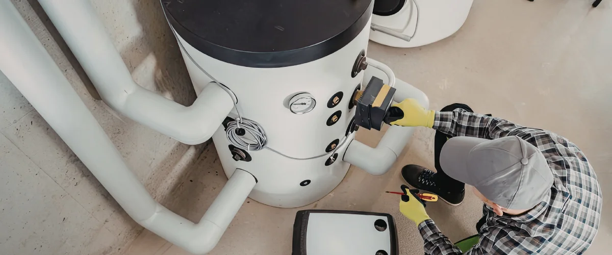 An overhead view of a technician in a cap and plaid shirt servicing a large white heat pump water heater.