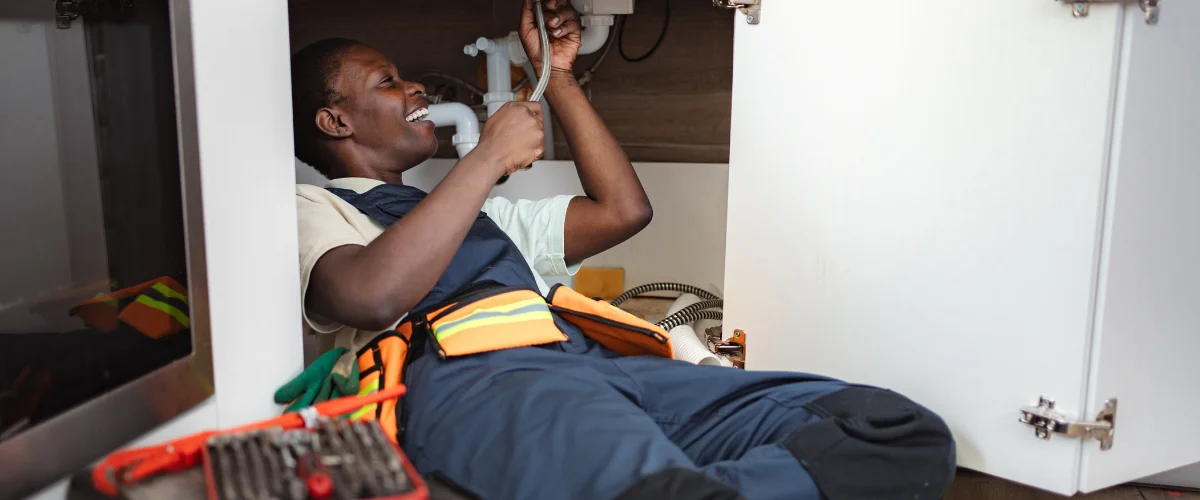 A smiling plumber in blue overalls lies under a kitchen sink, happily fixing pipes with a wrench.