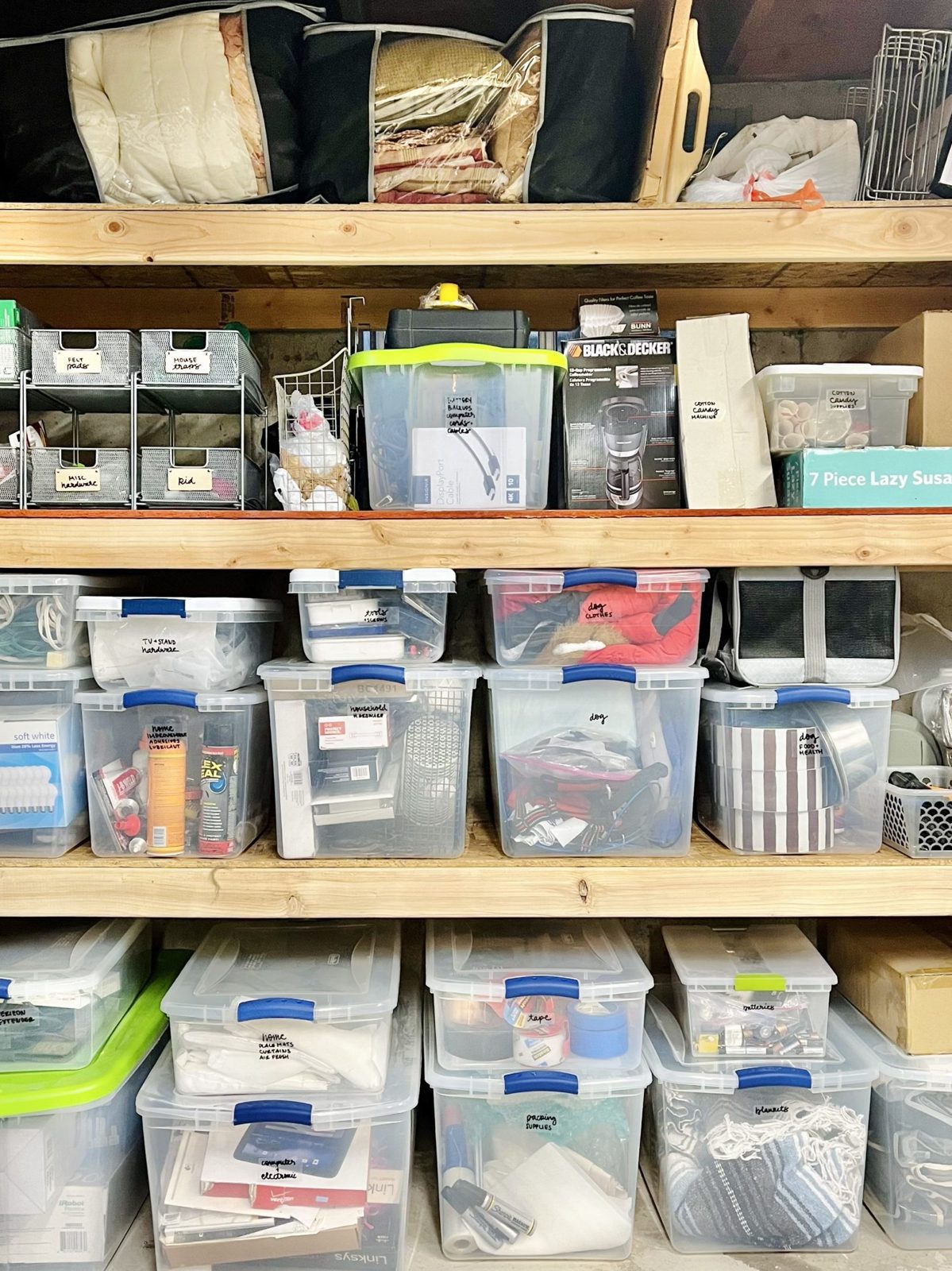 Garage shelves with labeled clear storage bins