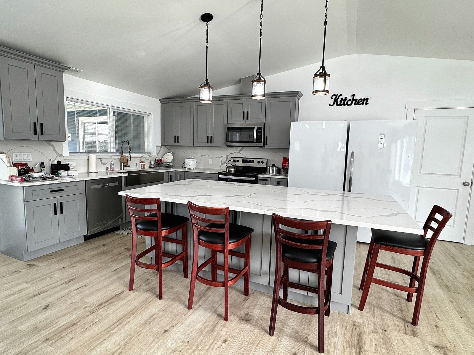 Kitchen with large island and seating