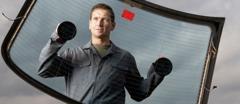 Technician holding a car windshield with suction cups