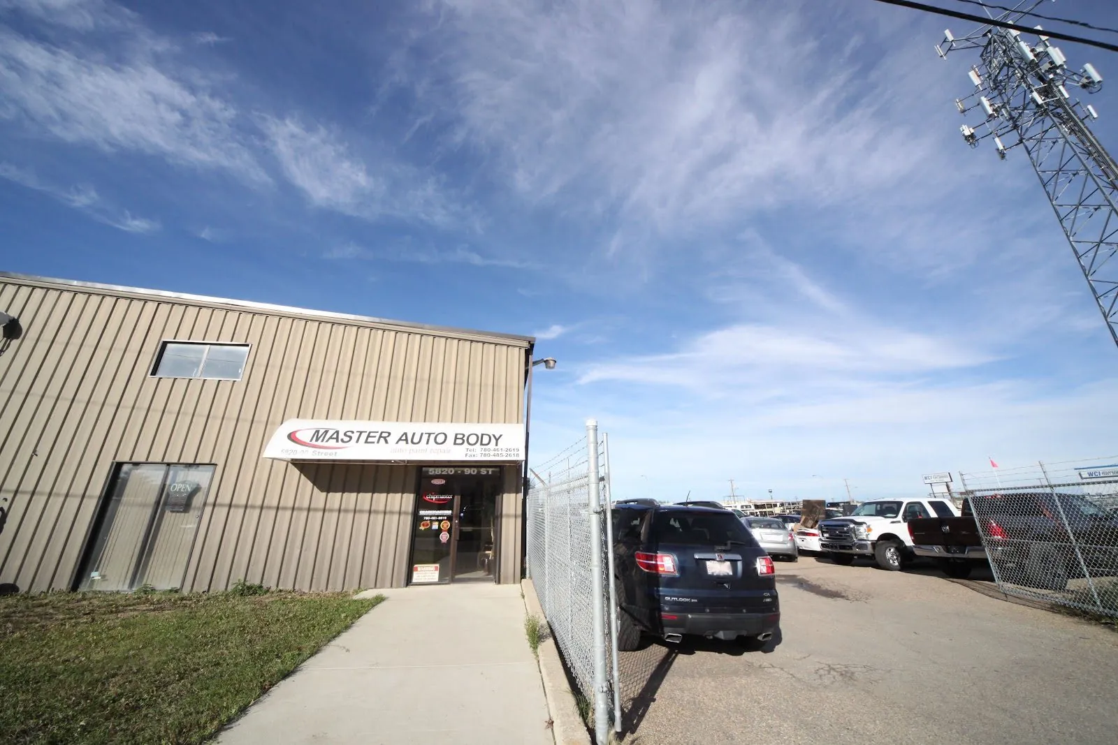 Front of the Master Auto Body shop on 90 Street in Edmonton
