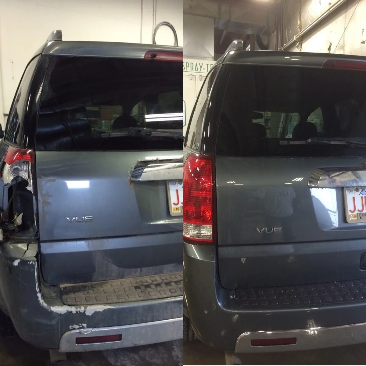 Before and after photo of a repaired rear bumper and tail light on a grey SUV