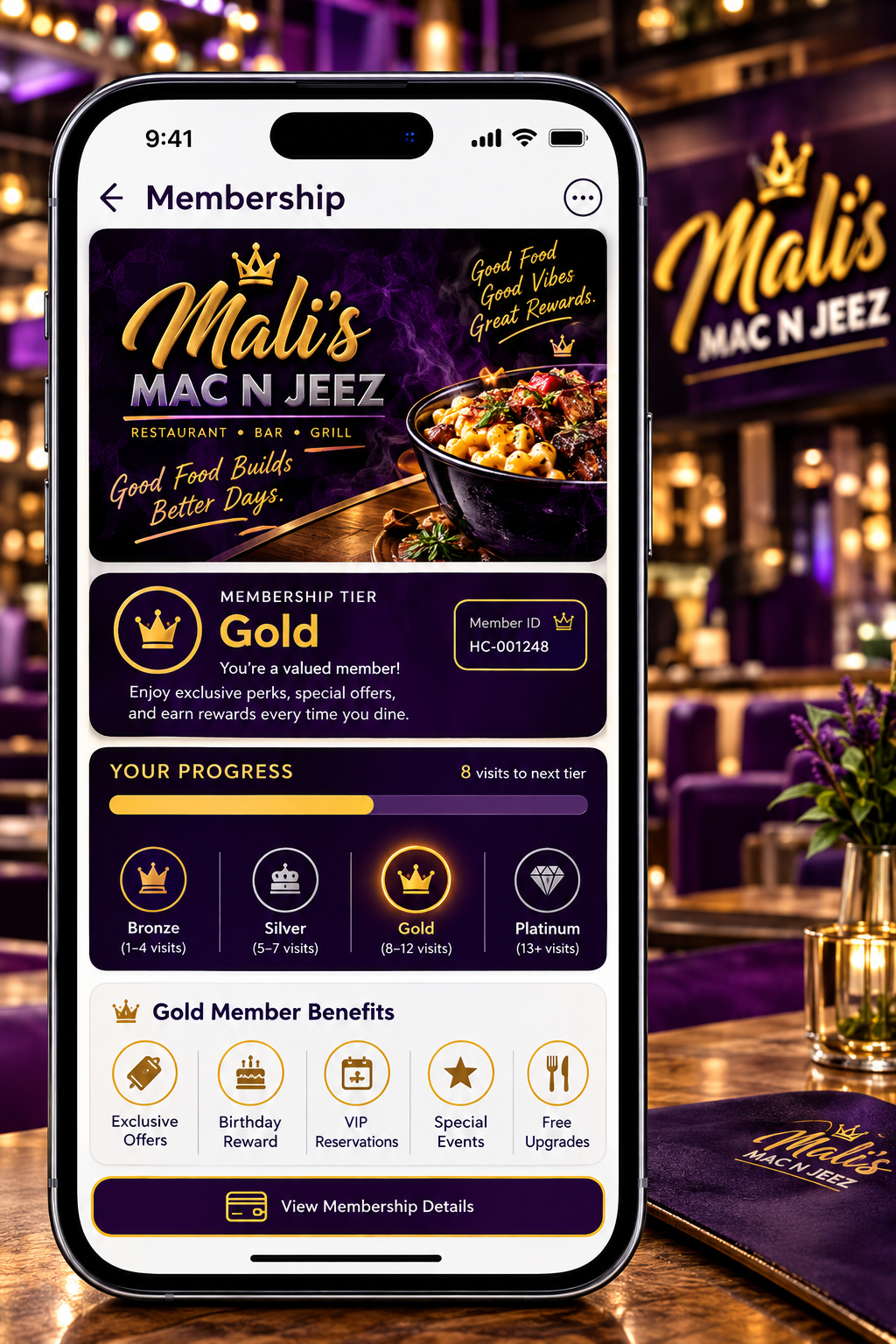 Restaurant membership card screen