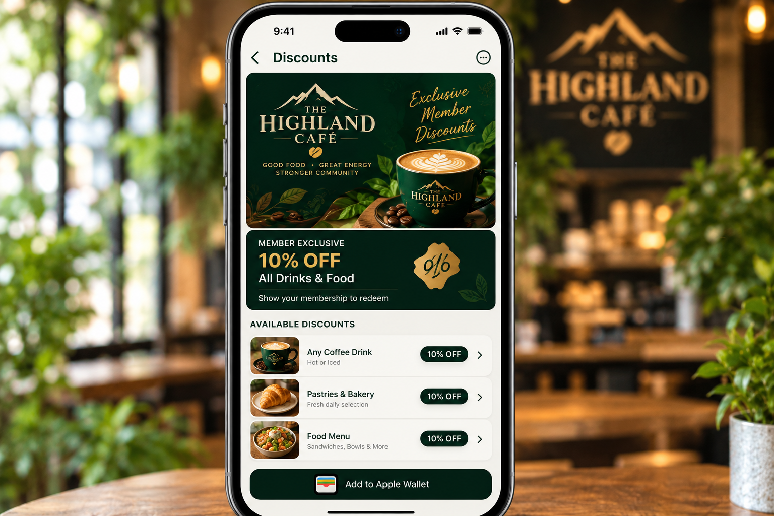Café discount card screen