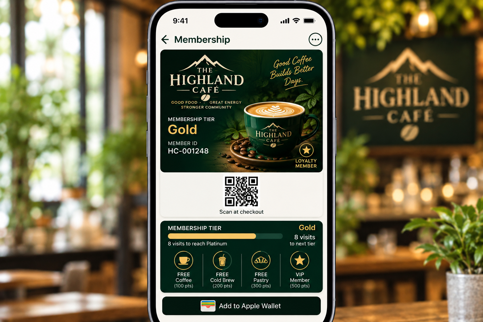 Café membership card screen