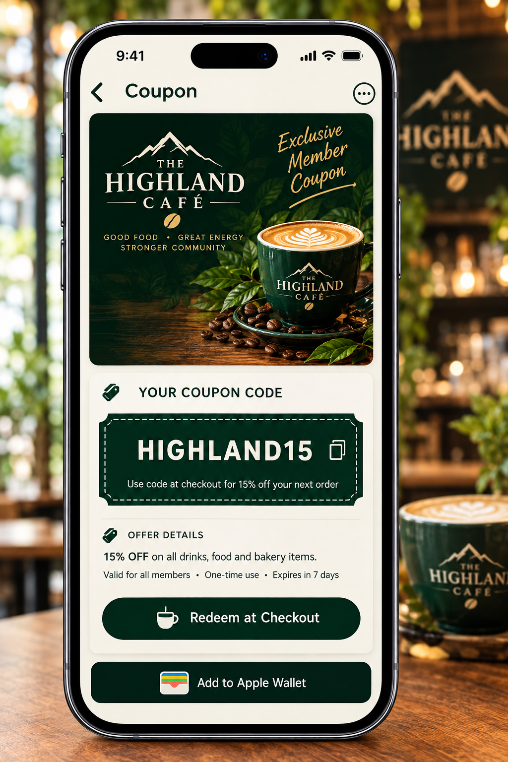 Café coupon card on a phone