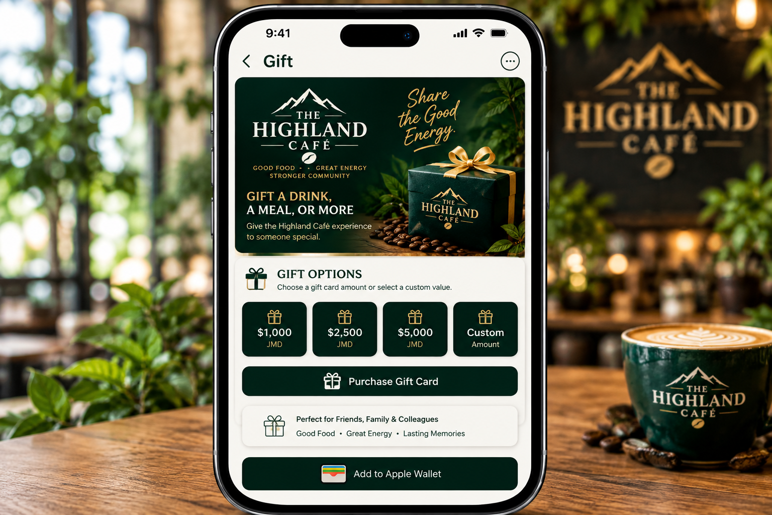 Café gift card screen