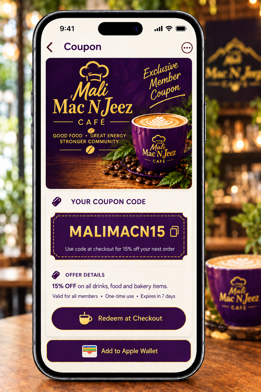 Restaurant coupon card on a phone