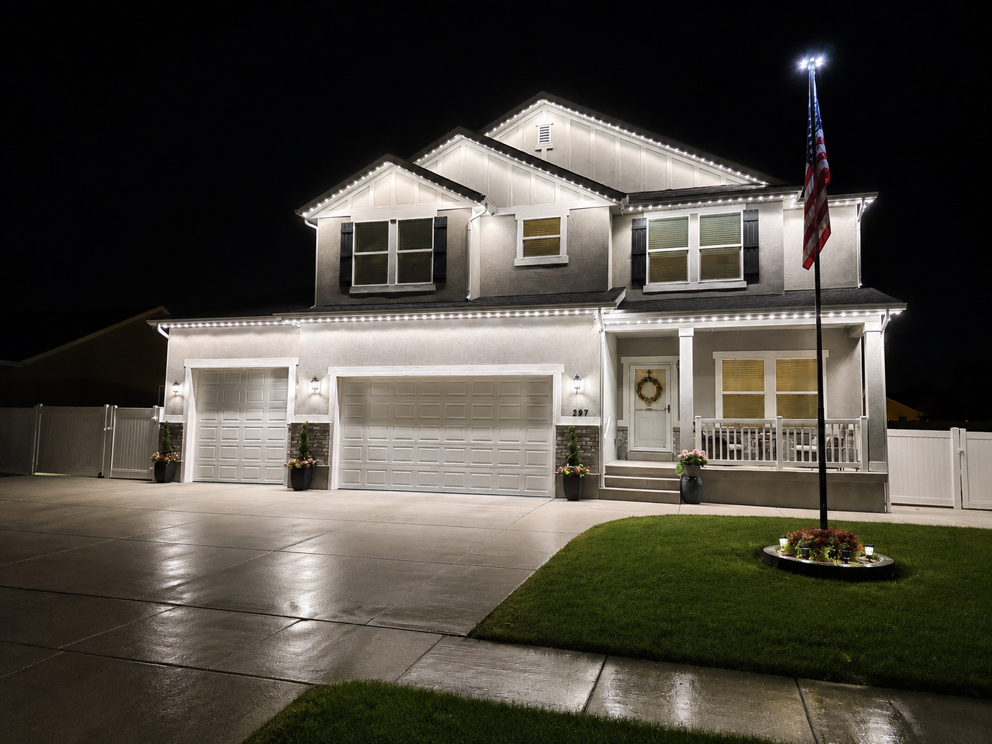 Home with permanent exterior lighting