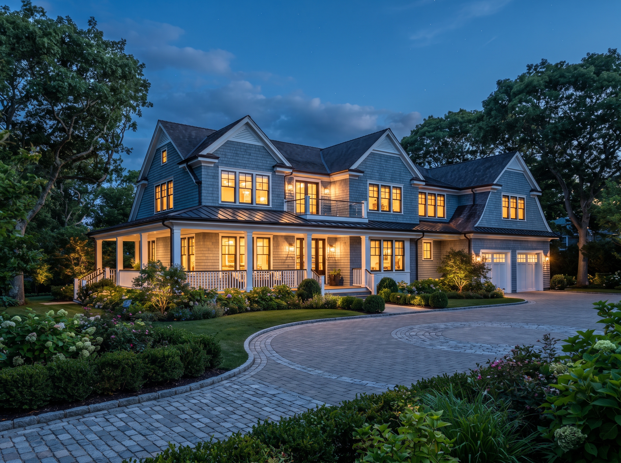 Modern shingle-style custom home at dusk