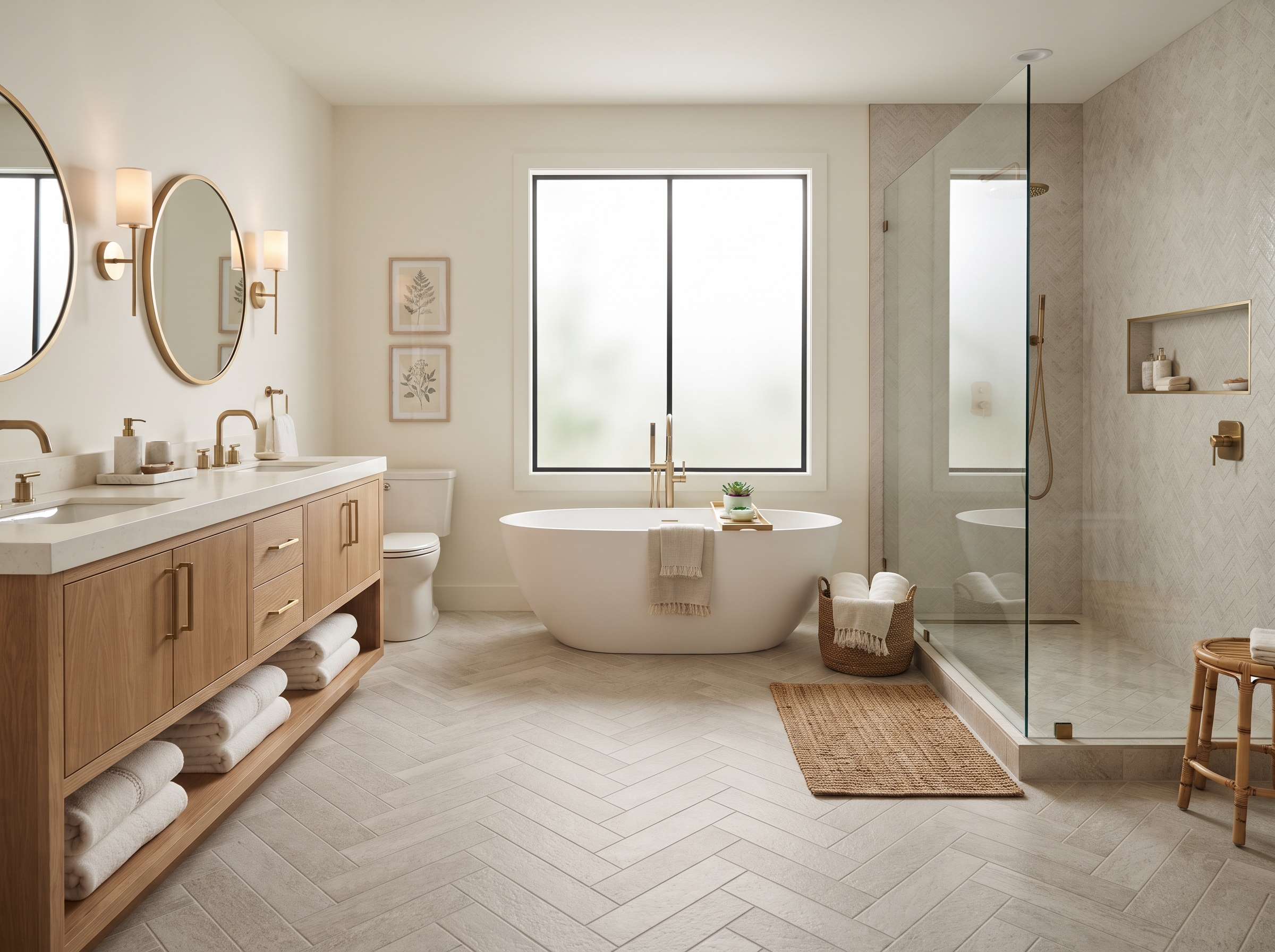 Spa-style primary bathroom with soaking tub