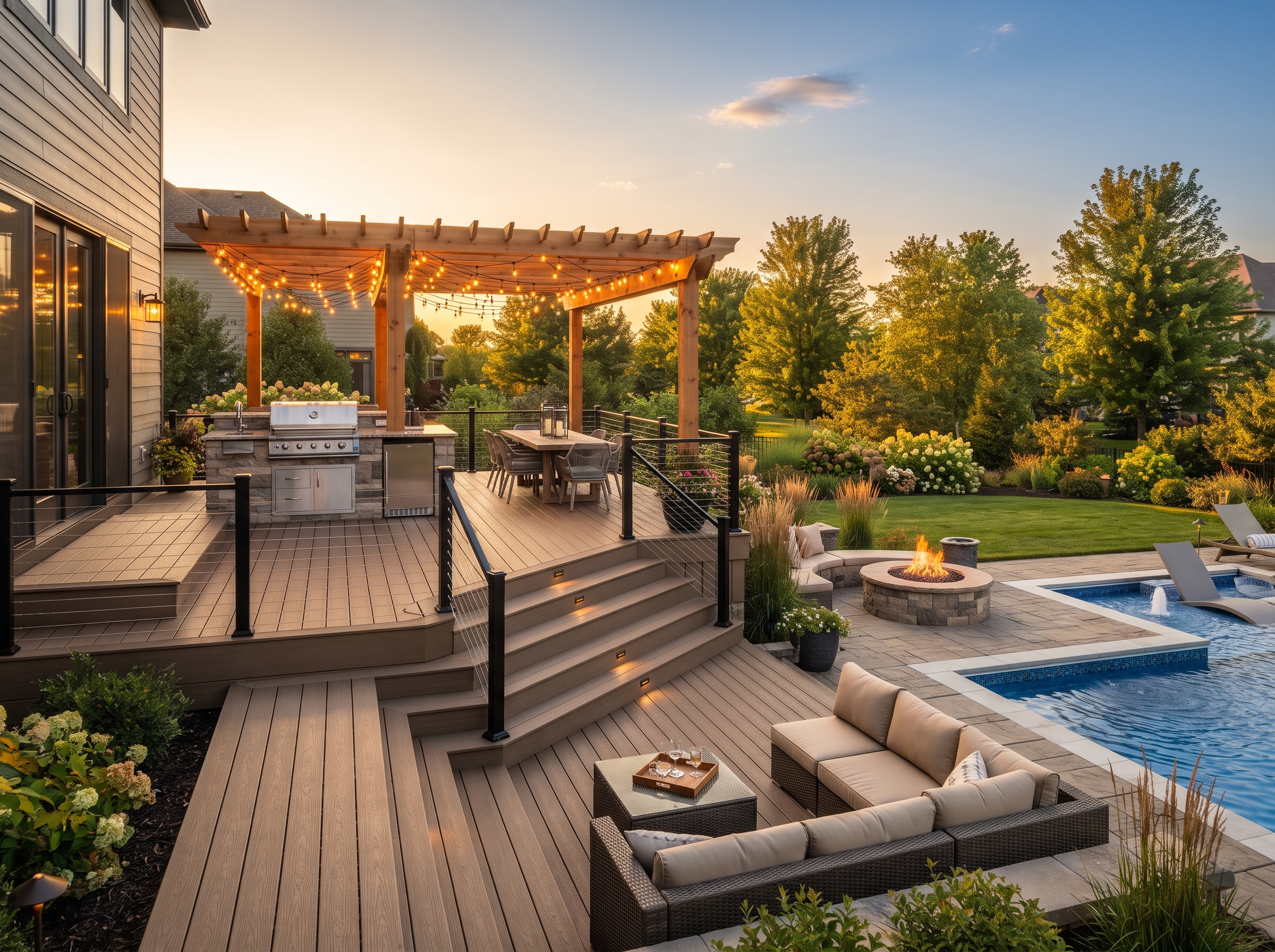 Backyard composite deck with outdoor kitchen and pool