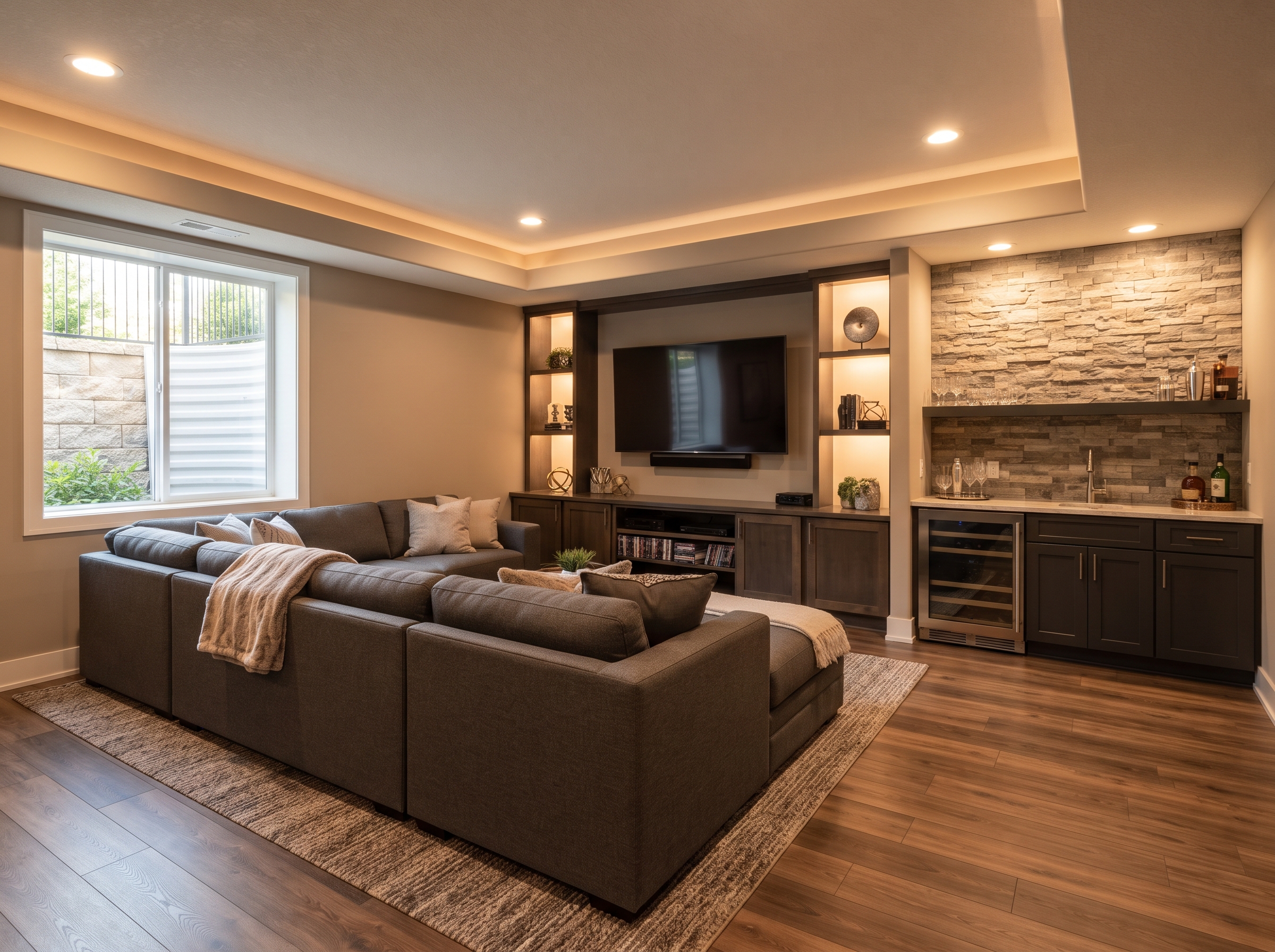 Finished basement media room with wet bar