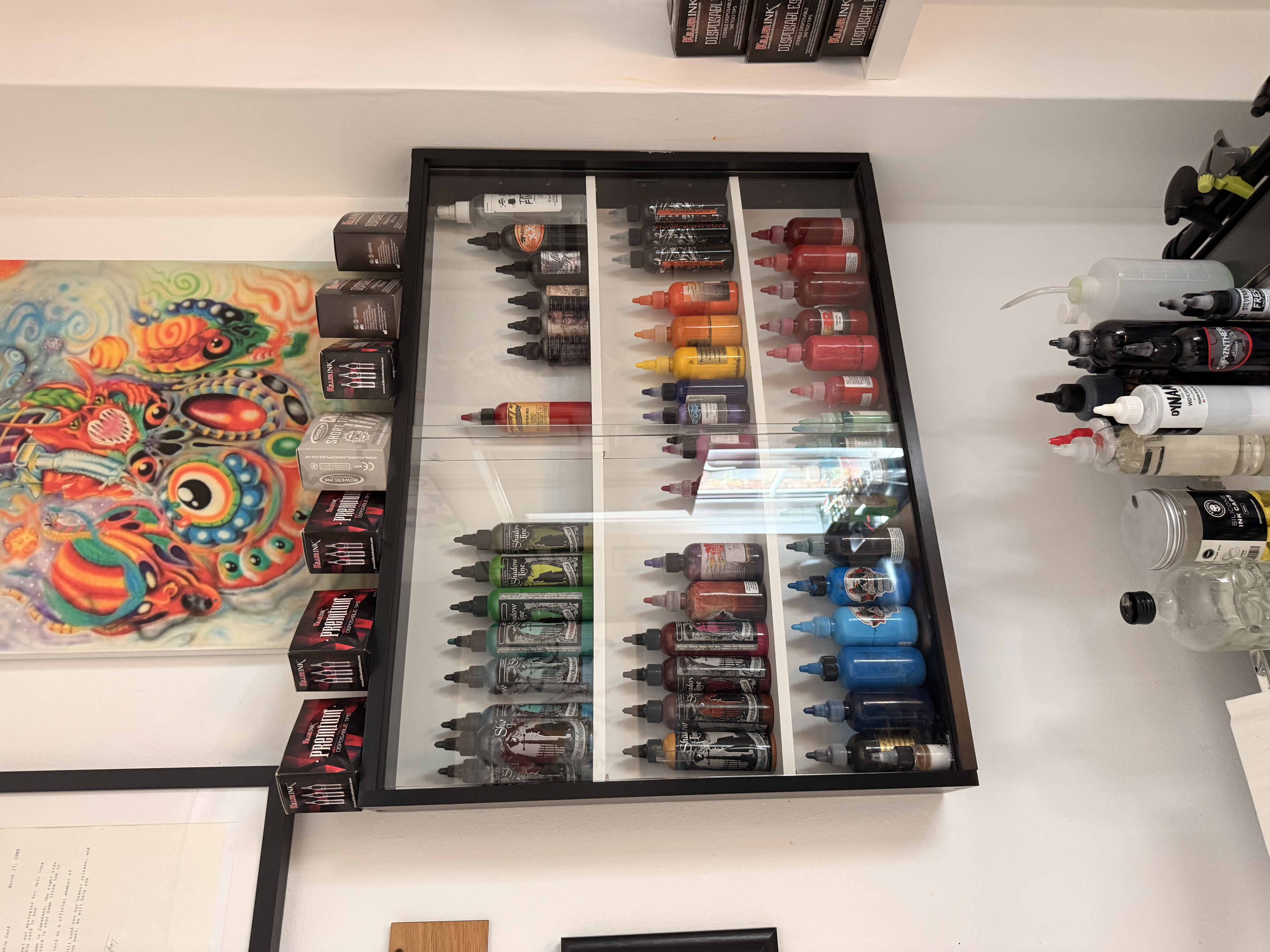Organised display of professional tattoo supplies
