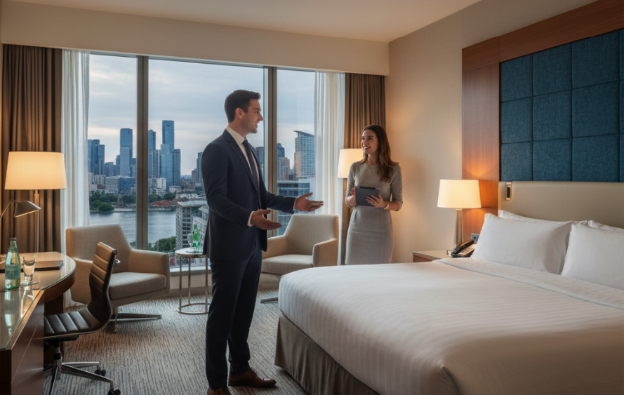 Hotel room with a guest and staff member