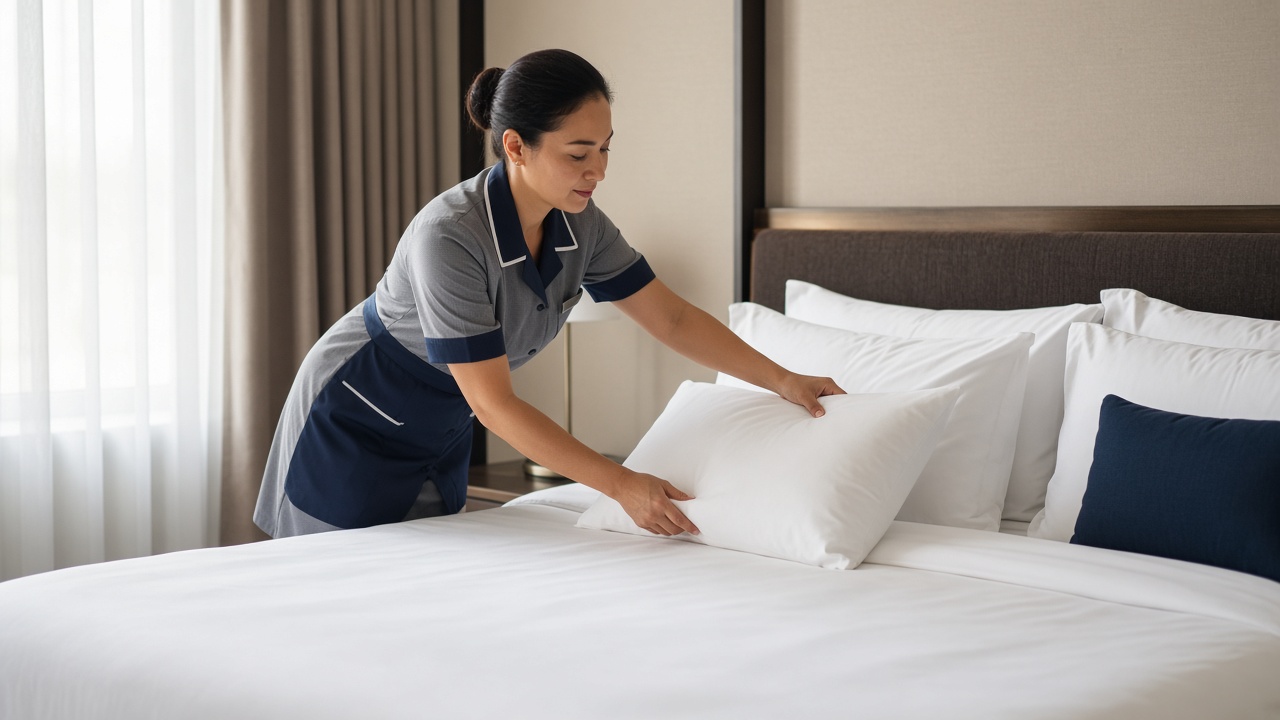 Housekeeper making a bed to brand standard