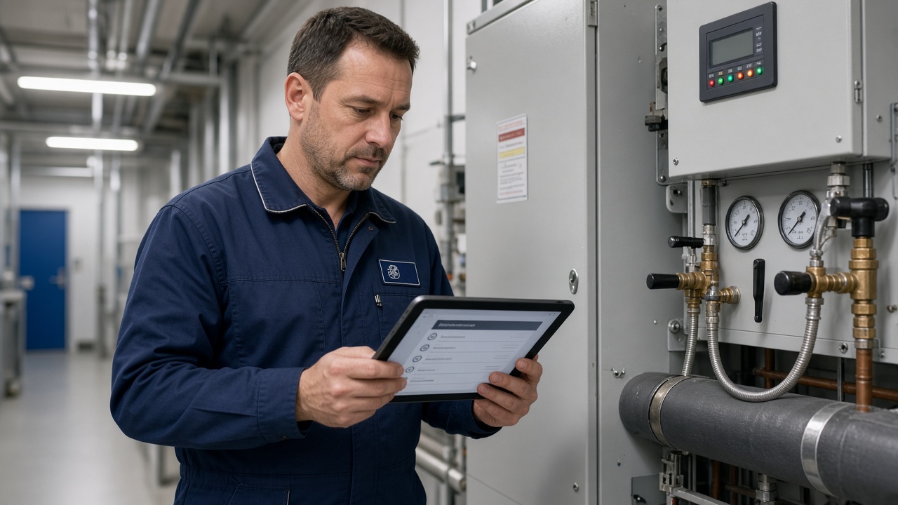 Maintenance team member checking equipment with a tablet
