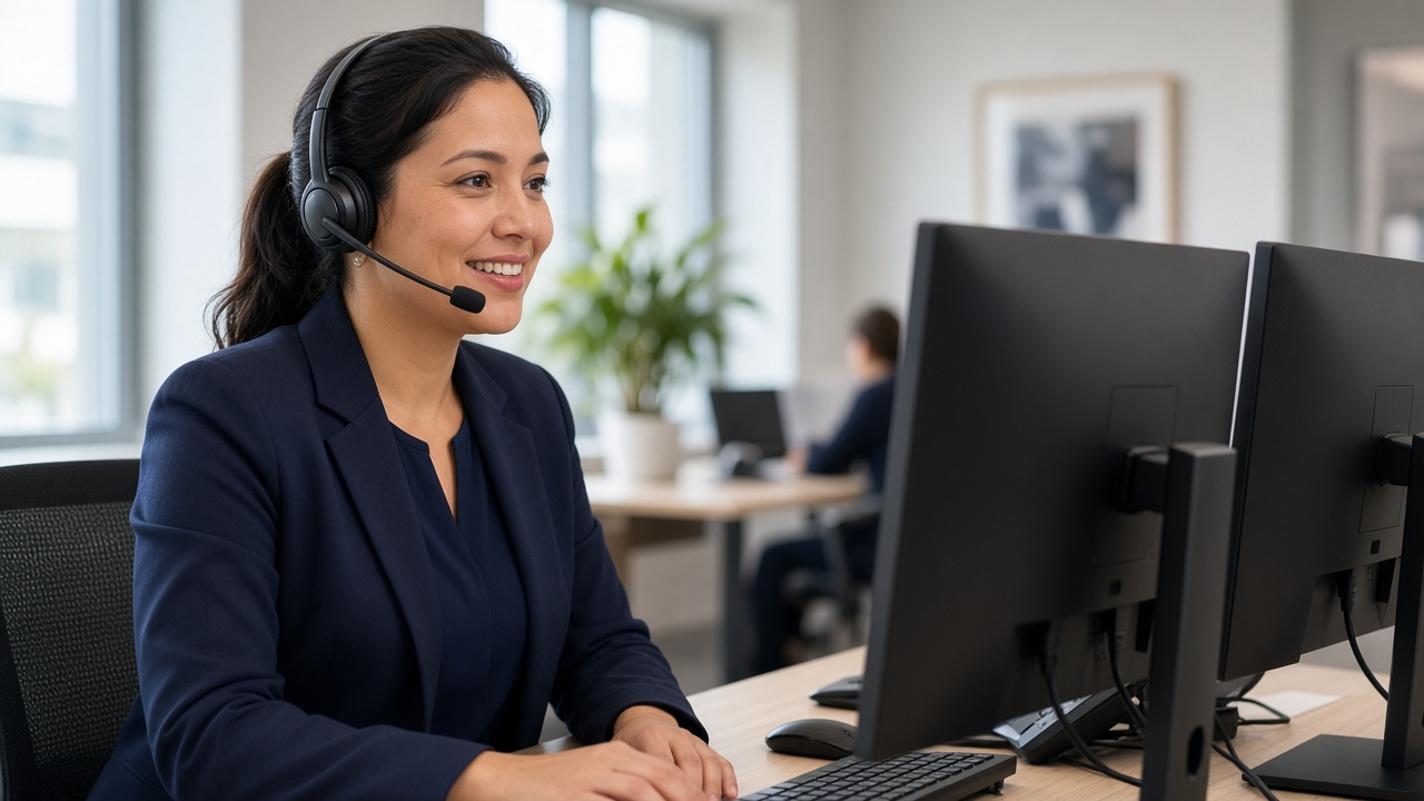 Reservations agent with headset taking a booking