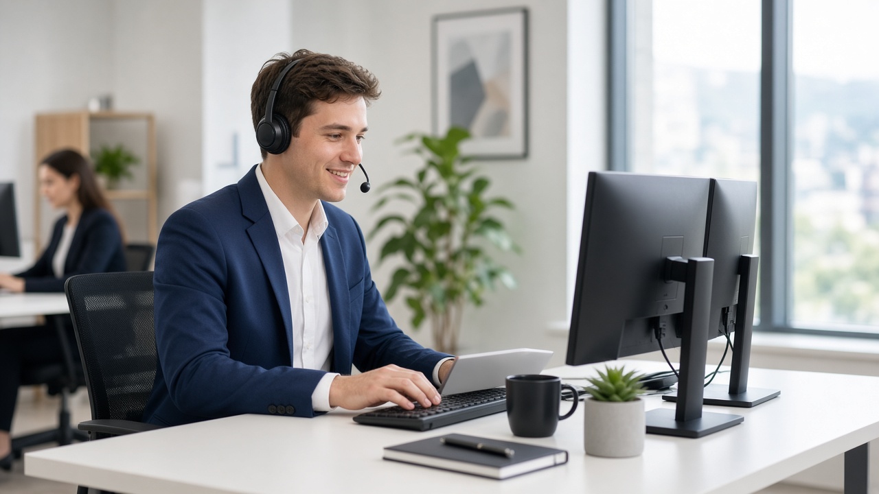 Reservations agent with headset working in an office