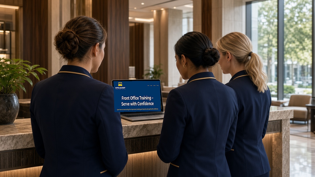 Hotel team reviewing white-label training on a laptop