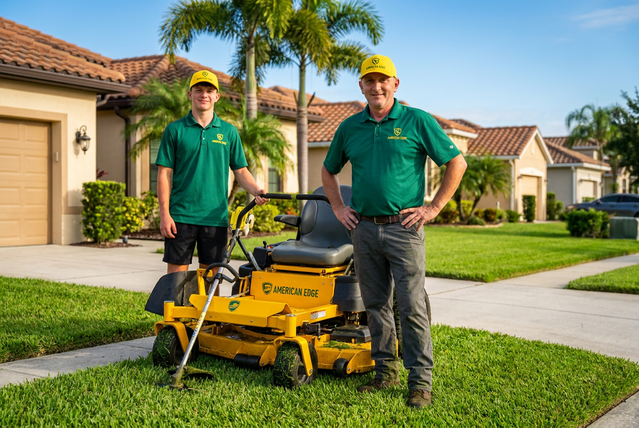 Rockey and Aidan Pulley, father-son owners of American Edge Lawn Care, in branded green and yellow uniforms standing with their yellow commercial mower in New Port Richey Florida