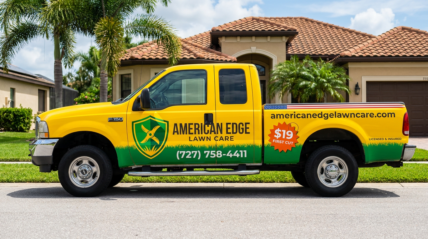 American Edge Lawn Care branded yellow and green wrapped Ford F-150 truck with $19 First Cut promo, (727) 758-4411 and americanedgelawncare.com, in New Port Richey Florida
