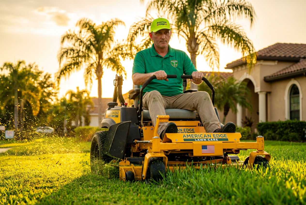 Rockey Pulley riding a branded American Edge yellow commercial zero-turn mower at golden hour in New Port Richey Florida