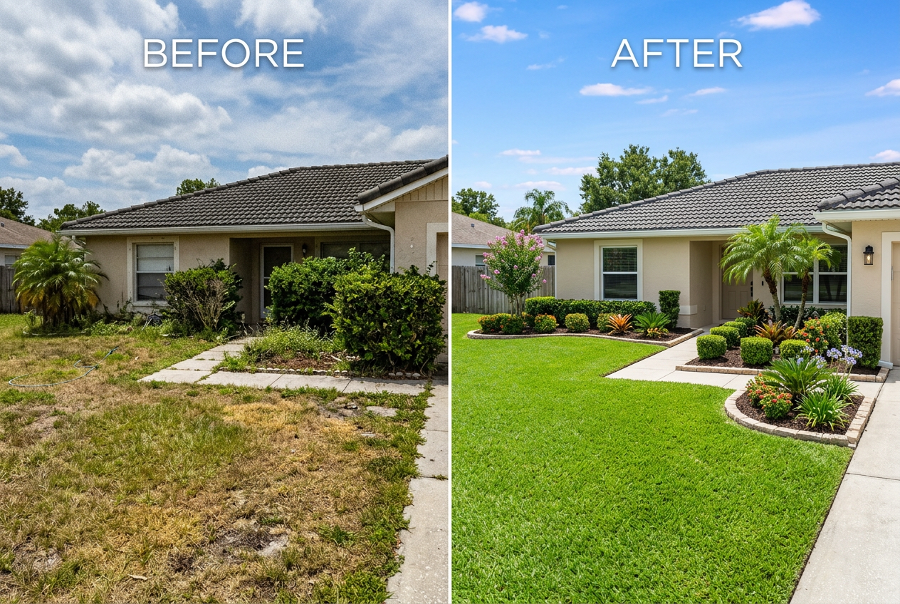 Before and after — overgrown New Port Richey Florida lawn transformed to sharp manicured St Augustine grass with crisp mower stripes