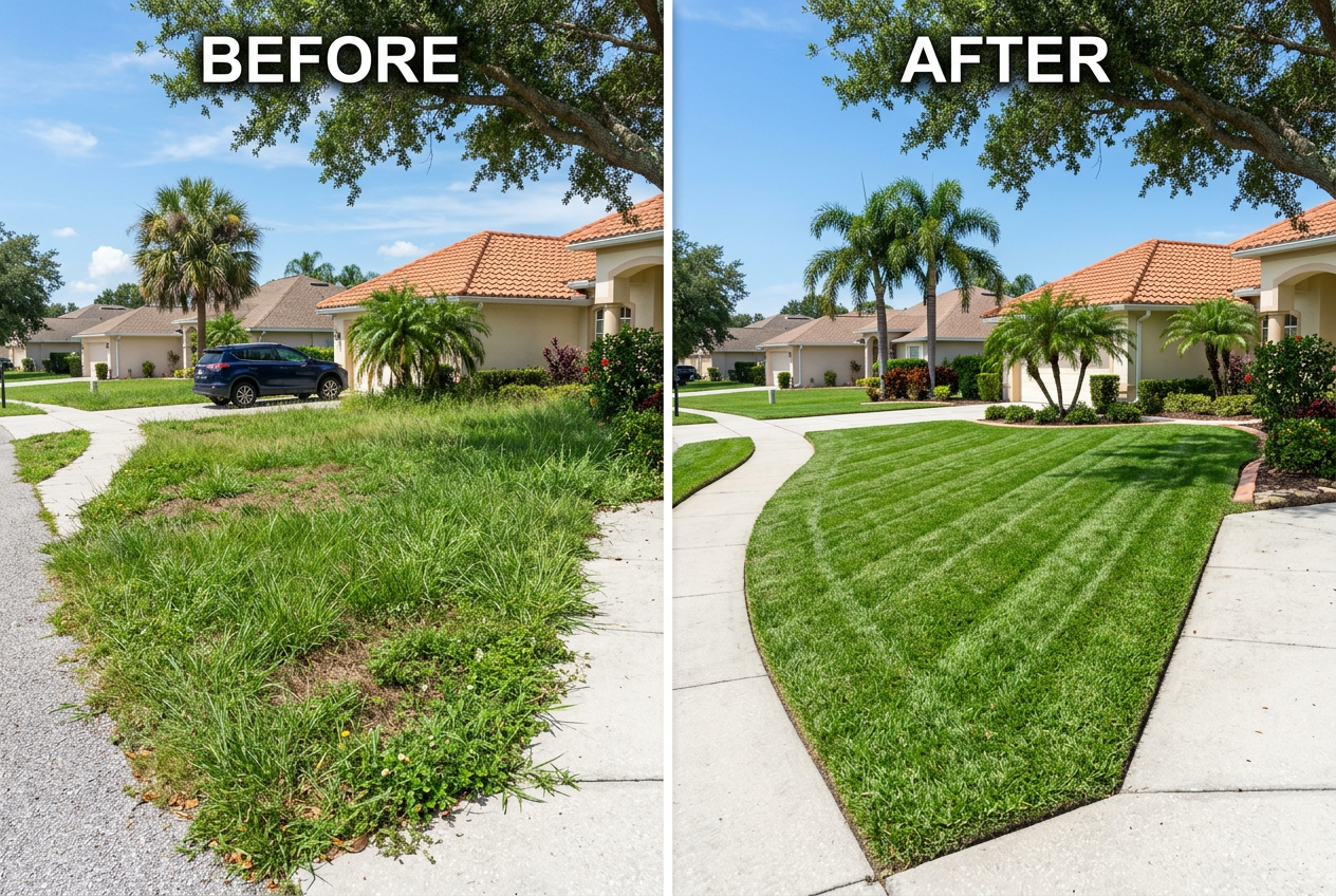 Before and after — sharp lawn striping transformation on New Port Richey Florida home, overgrown weeds to crisp clean striped lawn