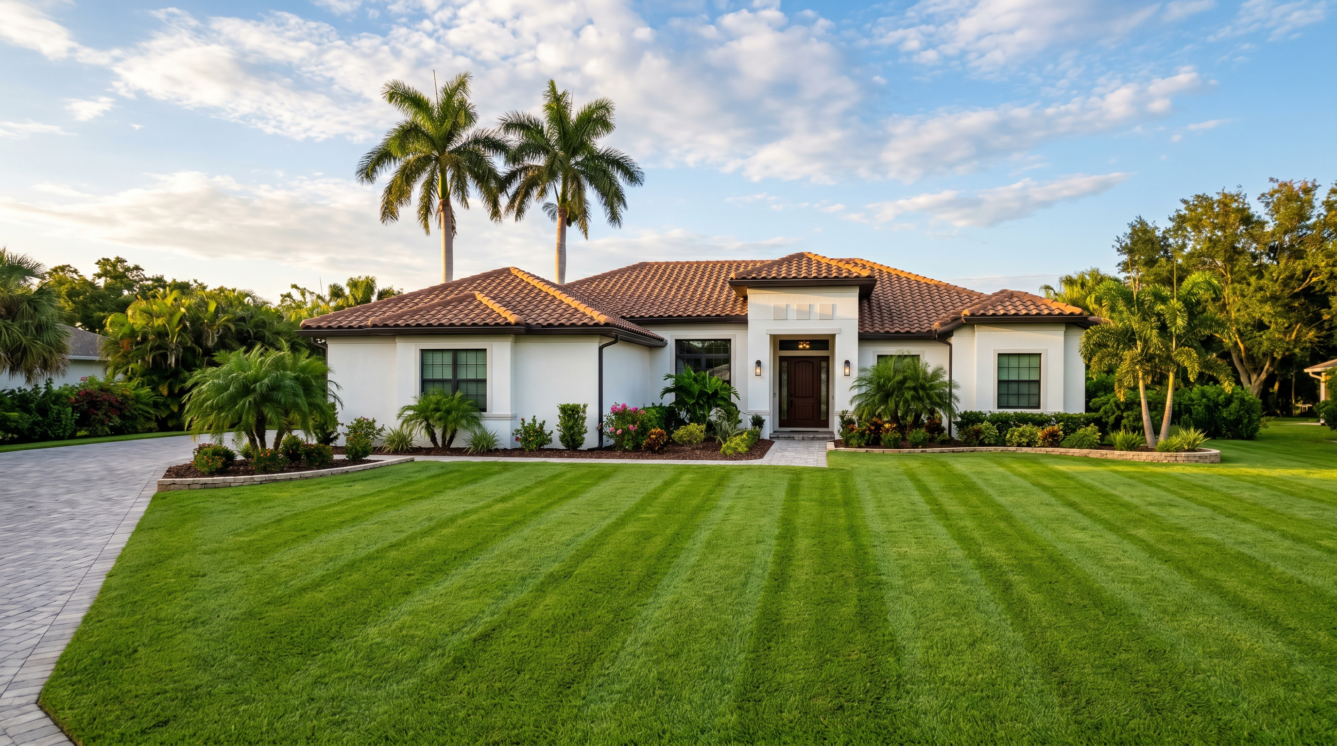 New Port Richey FL home with terracotta tile roof, palm trees, and an impeccably striped lush green front lawn by American Edge Lawn Care