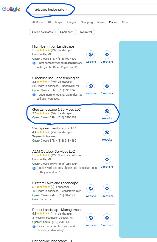 Google search result for Hardscape Hudsonville MI showing Gee Landscape & Services at position #3