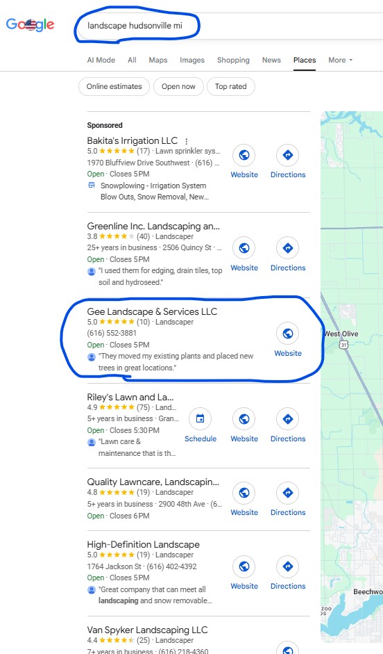 Google search result for Landscape Hudsonville MI showing Gee Landscape & Services at position #2