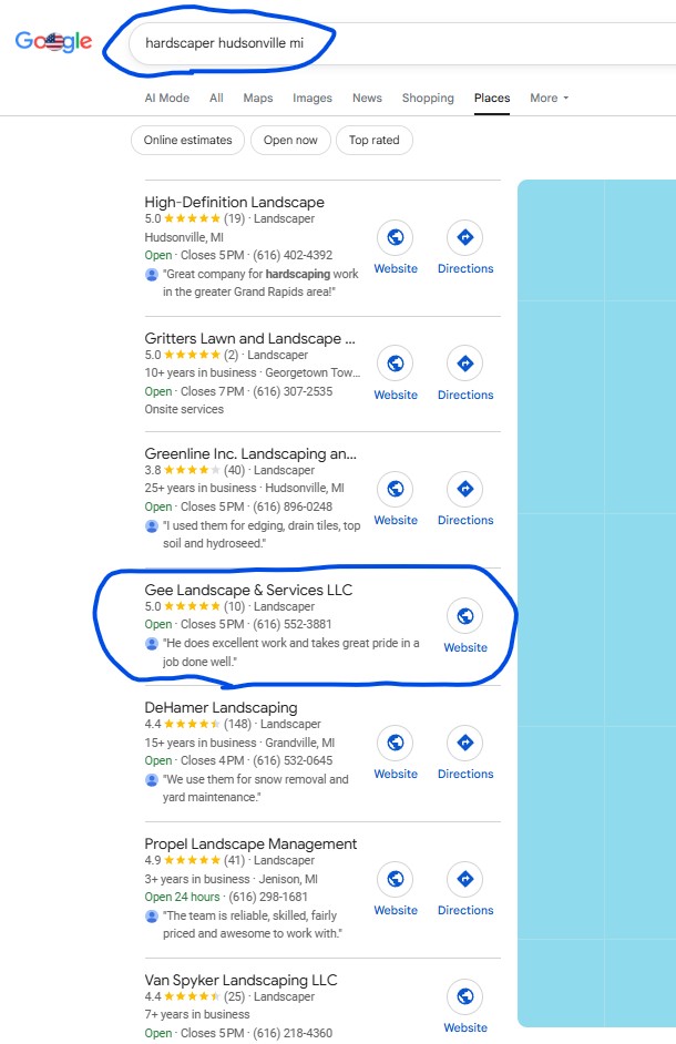 Google search result for Hardscaper Hudsonville MI showing Gee Landscape & Services at position #4