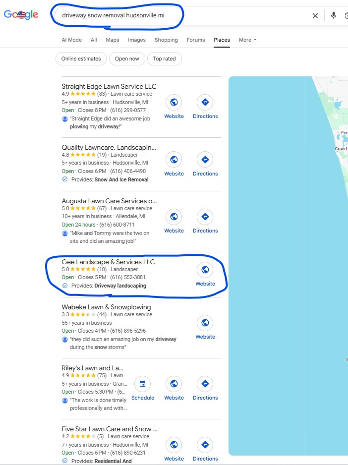Google search result for Driveway Snow Removal Hudsonville MI showing Gee Landscape & Services at position #4