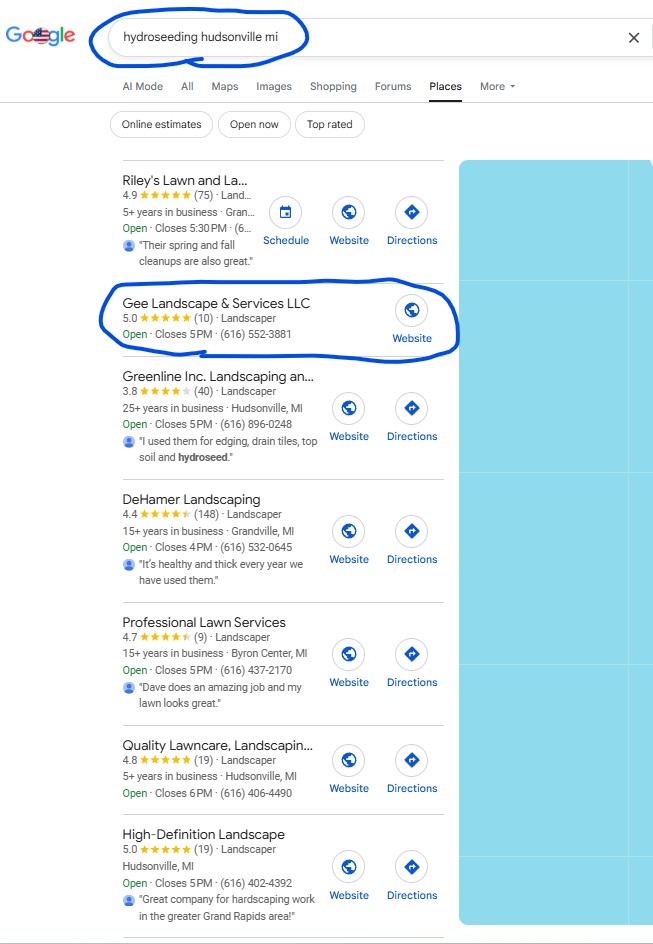 Google search result for Hydroseeding Hudsonville MI showing Gee Landscape & Services at position #2