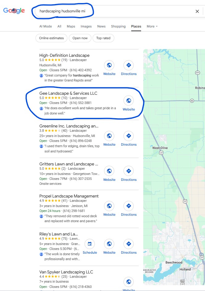 Google search result for hardscaping Hudsonville MI showing Gee Landscape & Services at position #2