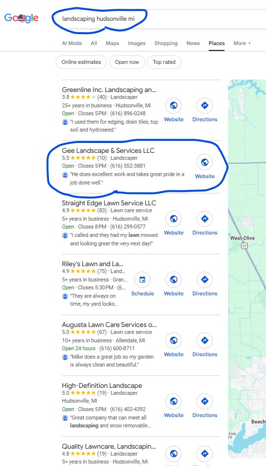 Google search result for Landscaping Hudsonville MI showing Gee Landscape & Services at position #2