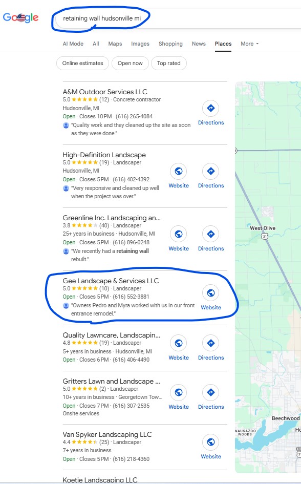 Google search result for Retaining Wall Hudsonville MI showing Gee Landscape & Services at position #4