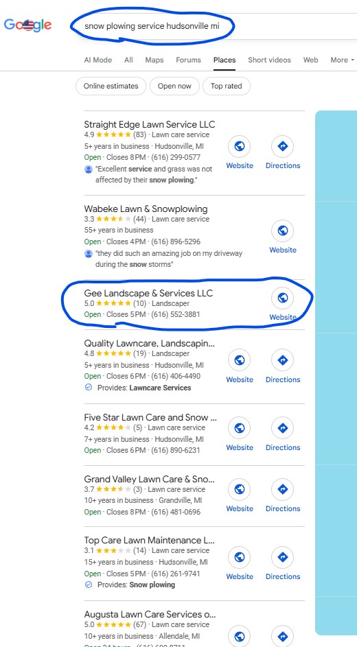Google search result for Snow Plowing Service Hudsonville MI showing Gee Landscape & Services at position #3